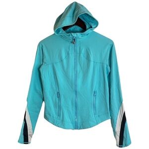 Lululemon Blue White Black Track Jacket Hood Ponytail Hole Thumbholes Pockets 8